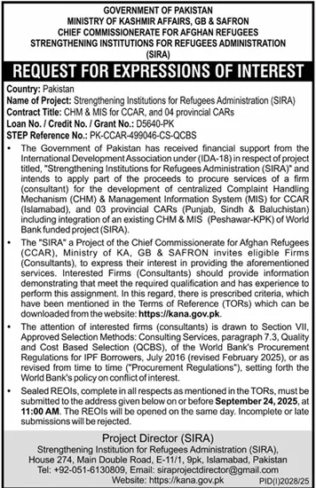 Strengthening Institutions for Refugees Administration Islamabad Tender Notice